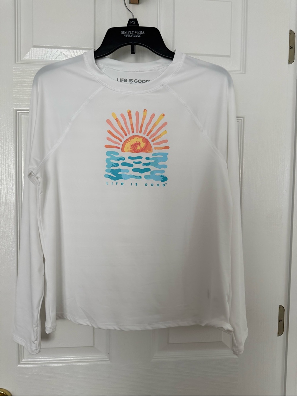 Life Is Good White Long-Sleeve Tee with Sunrise and Ocean Graphic